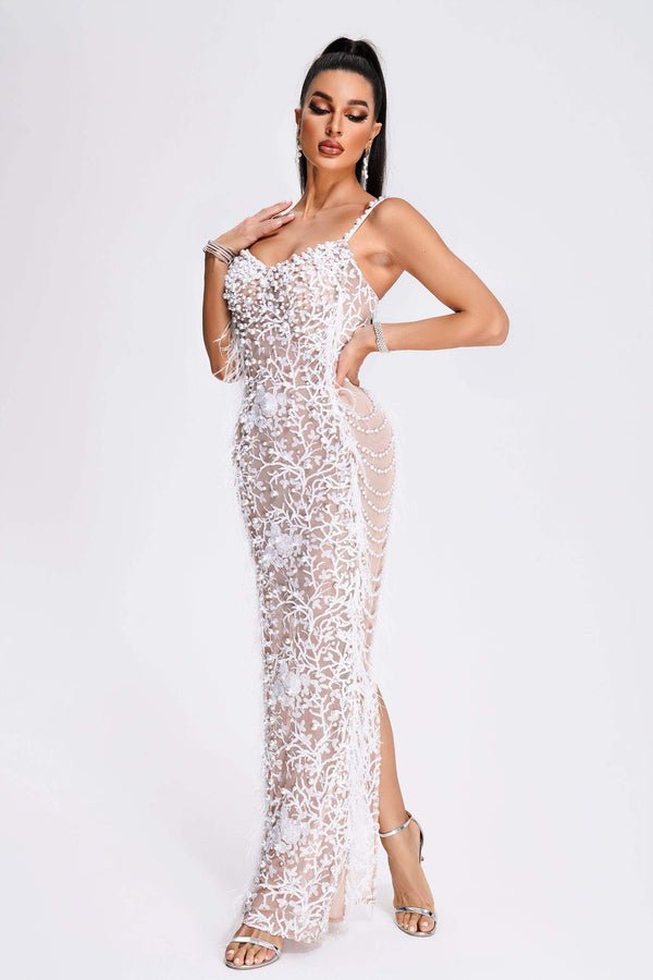 Marley White and Nude Mesh Sequin, Pearl and Feather Maxi Dress - Ever Chic Fashions