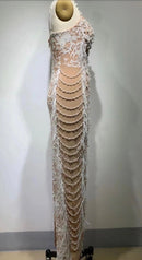 Marley White and Nude Mesh Sequin, Pearl and Feather Maxi Dress - Ever Chic Fashions