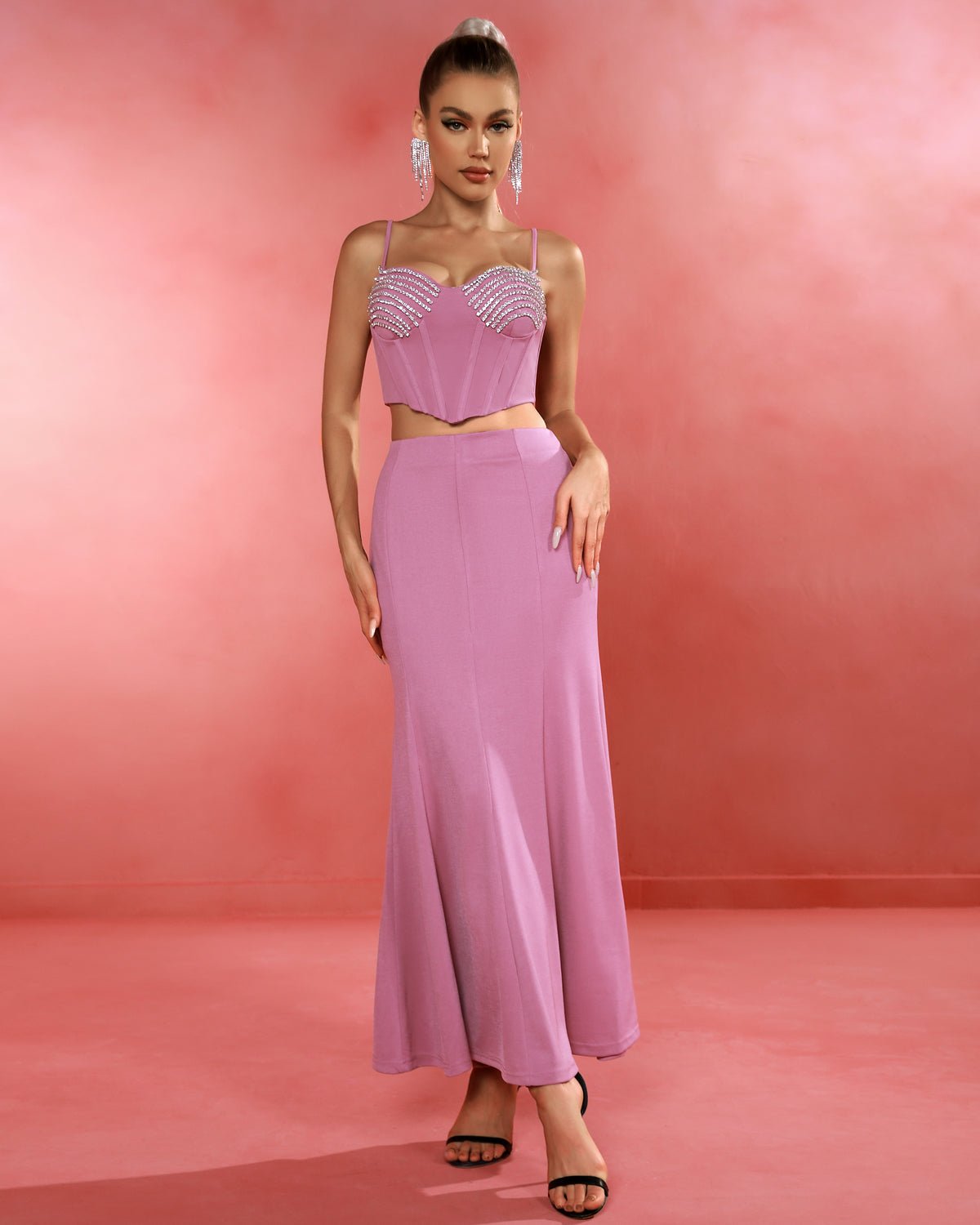 Millane Rhinestone Trim Crop Top and Maxi Skirt Set - Ever Chic Fashions