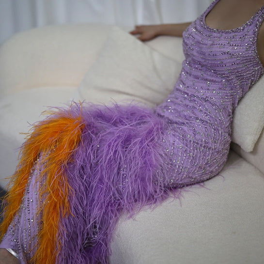 Oletta Rhinestone Beaded Midi Dress with Lavender and Orange Feather Trim