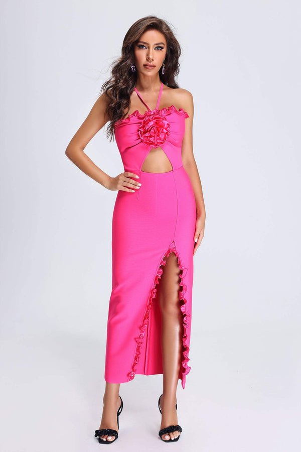 Piera Rose and Ruffle Detail Halter Maxi Dress - Ever Chic Fashions