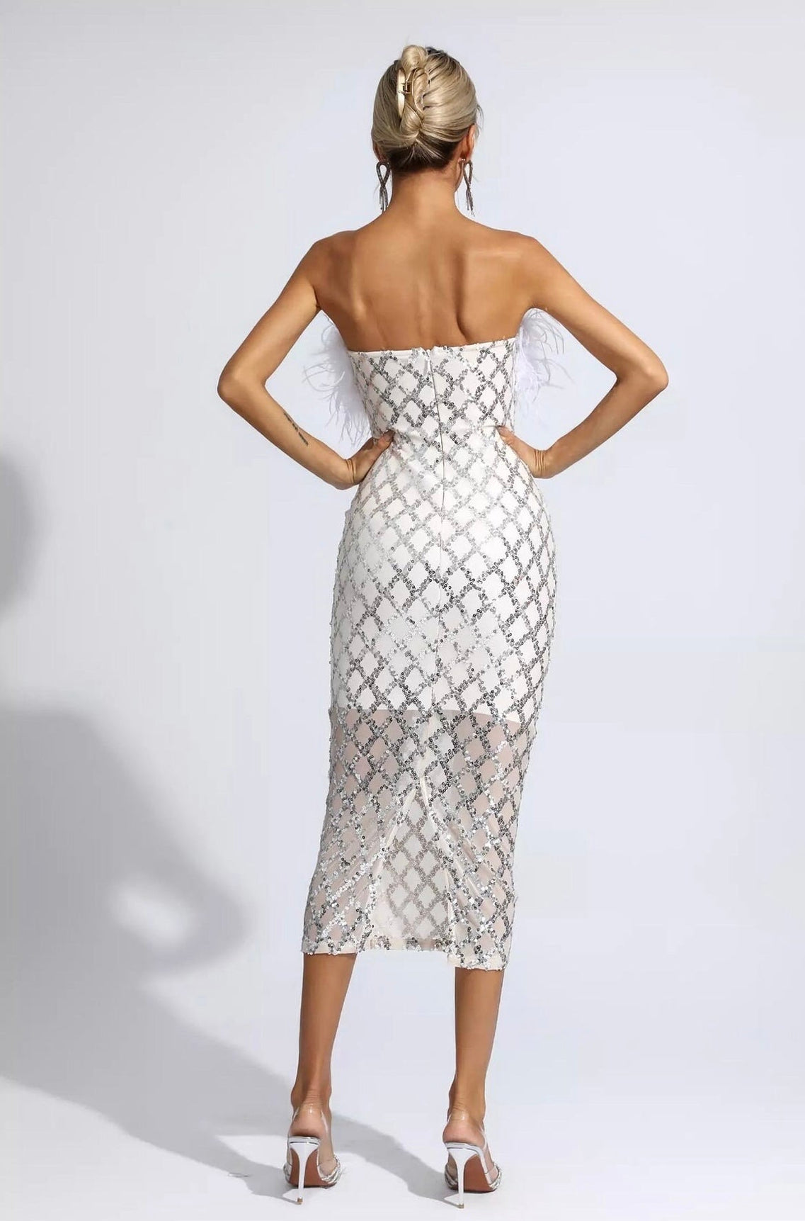 Raisa White Feather Trim Strapless Sequin Midi Dress