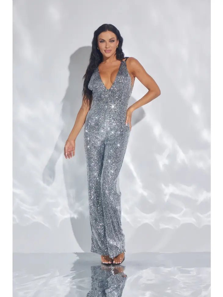 Skya Silver Black Sequin Halter Backless Jumpsuit - Ever Chic Fashions