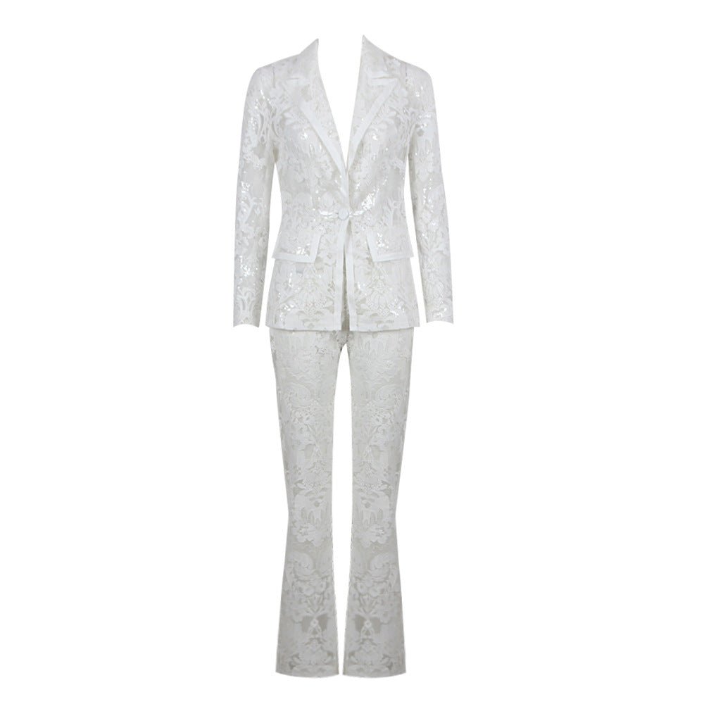 Sutton White Lace and Sequin Blazer and Pant Set - Ever Chic Fashions