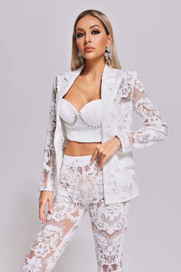 Sutton White Lace and Sequin Blazer and Pant Set - Ever Chic Fashions