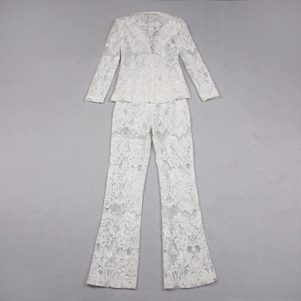 Sutton White Lace and Sequin Blazer and Pant Set - Ever Chic Fashions