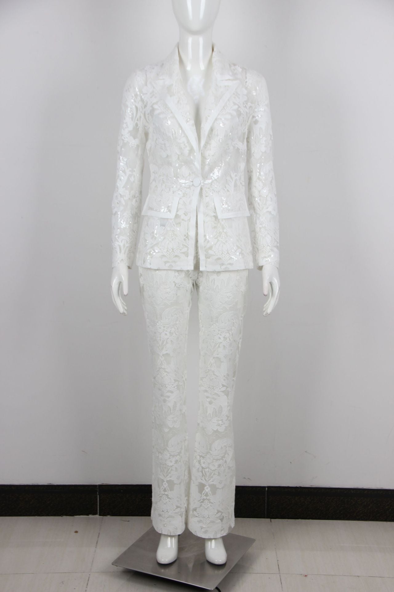 Sutton White Lace and Sequin Blazer and Pant Set - Ever Chic Fashions