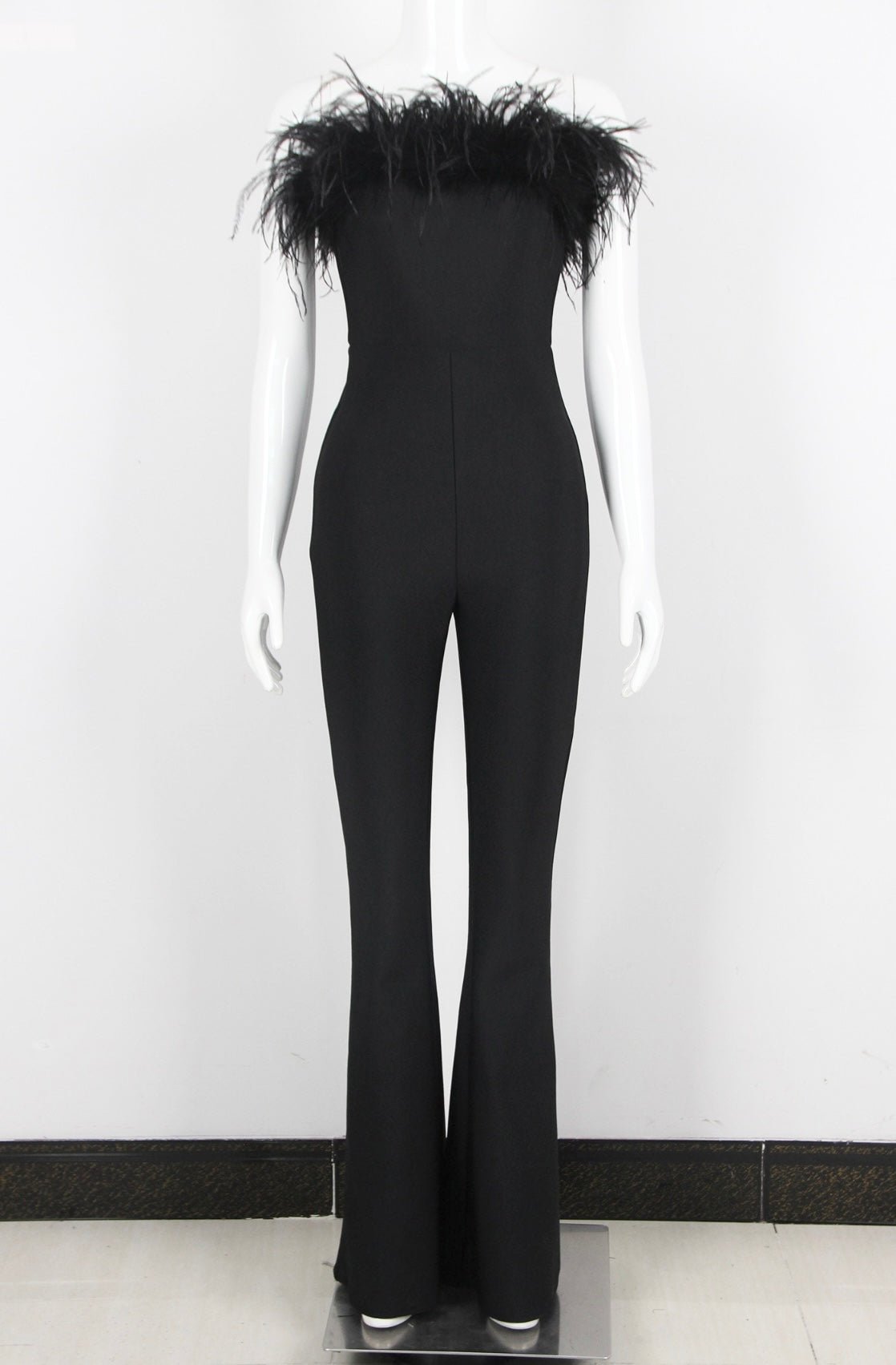 Tash Strapless Feather Trim Bodycon Jumpsuit - Ever Chic Fashions