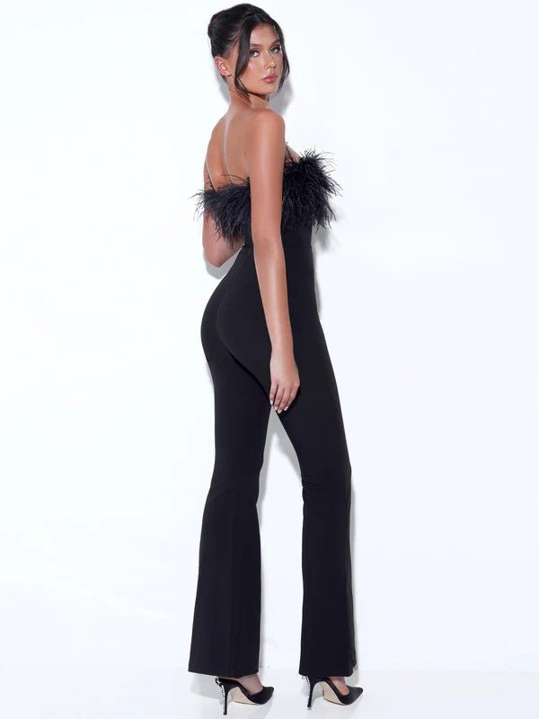 Tash Strapless Feather Trim Bodycon Jumpsuit