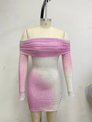 Zayla Off Shoulder Pink and White Ombre Crystal Mini Dress - Ever Chic Fashions