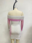 Zayla Off Shoulder Pink and White Ombre Crystal Mini Dress - Ever Chic Fashions