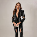 Zuza Black Rhinestone Trim Cutout Blazer and Pant Set - Ever Chic Fashions