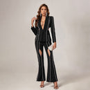 Zuza Black Rhinestone Trim Cutout Blazer and Pant Set - Ever Chic Fashions